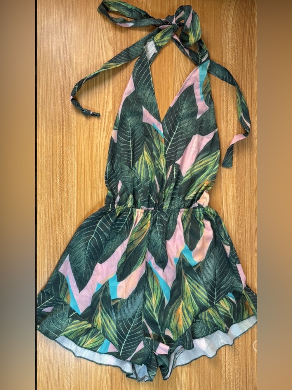 SHEIN Green & Pink Tropical Leaf Halter Romper
